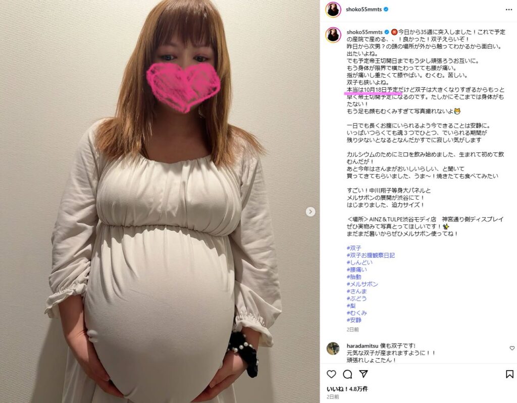 中川翔子 出産予定日 双子 性別 妊娠 発表 病院 分娩先
