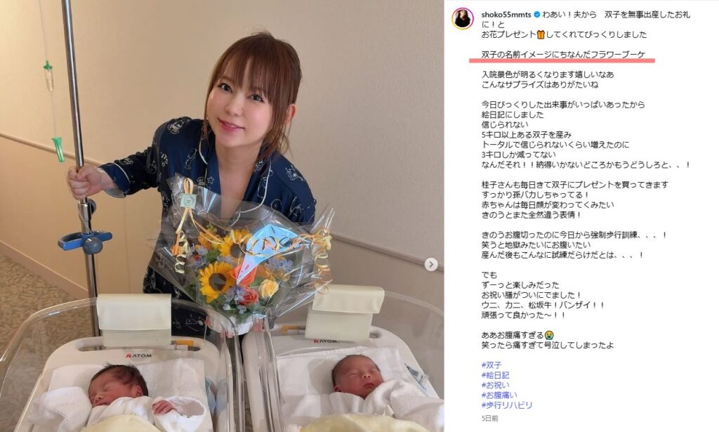 中川翔子 しょこたん 双子 一卵性 二卵性 名前 男の子 出産 育児